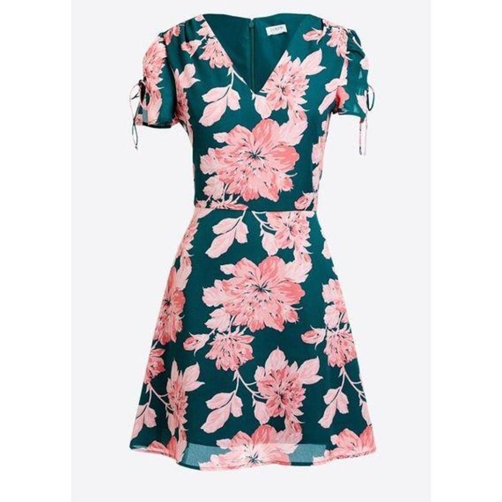 J Crew Mercantile Dress 8 Green Pink Floral Short Tie Sleeve Mini Sundress